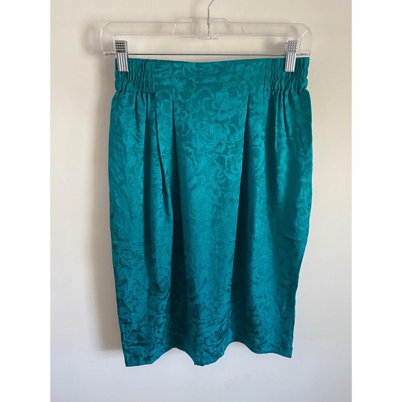 Vintage Dresses & Skirts - Vintage Teal Green 100% Silk Floral Jacquard Pleated Midi Skirt Womens Size 8